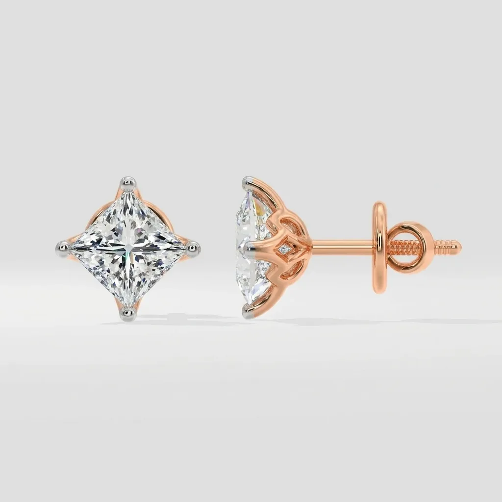 Spera 1.50 Ct Princess Spire Studs — Rose Gold — three-quarter